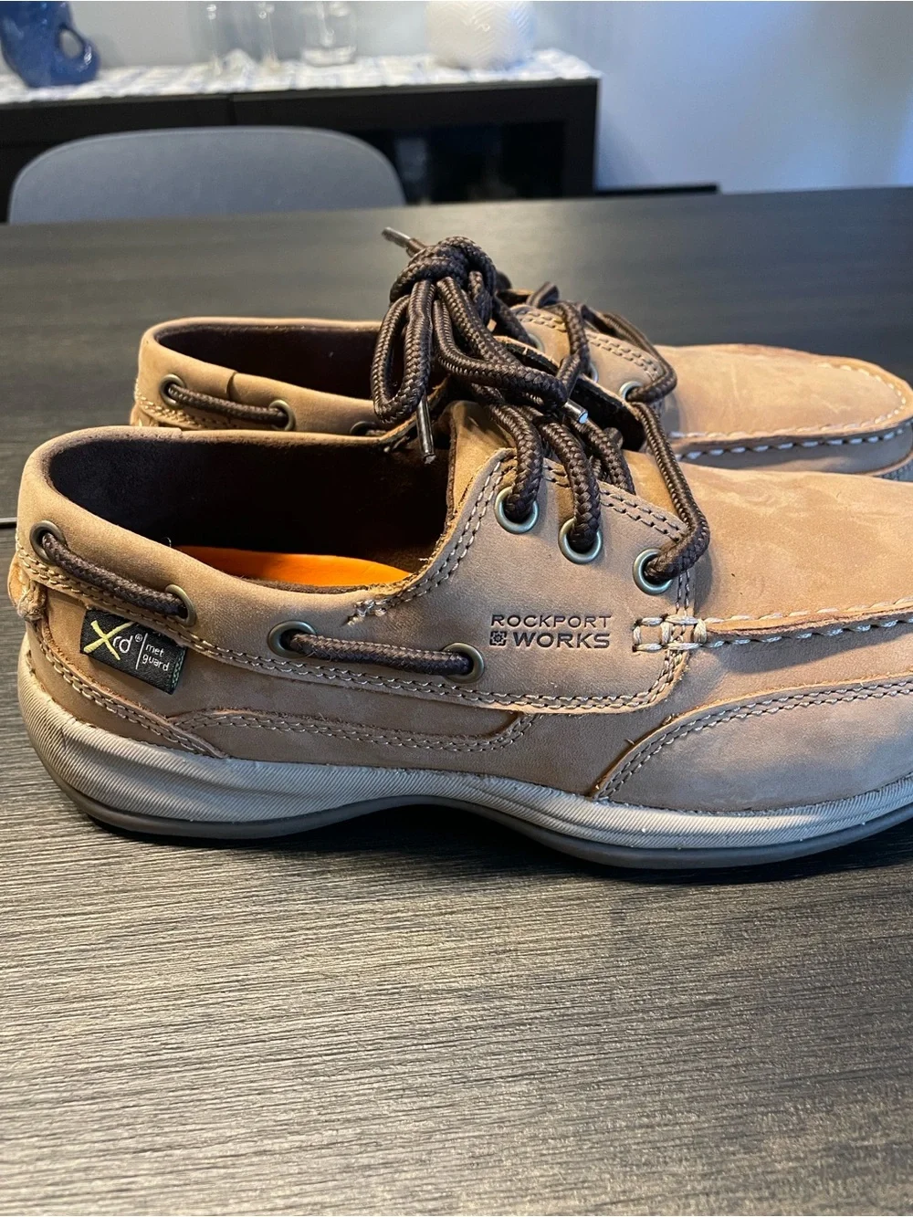 Rockport Works Men's Brown Leather Steel Toe Boat Shoes with Dark Brown Laces